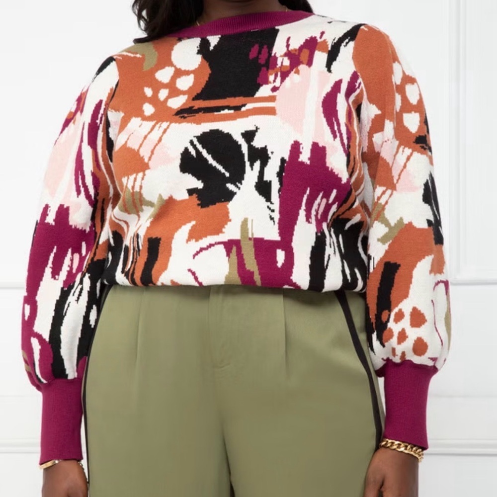 Eloquii Women’s Pullover Sweater Size 22/24 NWT Purple Trim Abstract Heavy